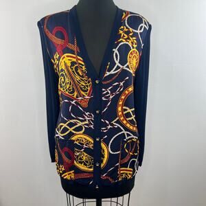 CELINE Vintage Navy Baroque Print Viscose Silk V-Neck Button Up Cardigan M/L
